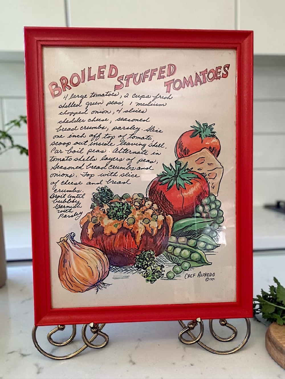 Chef Alfredo Art Print Recipe Framed Picture Broiled Stuffed Tomatoes Signed MCM